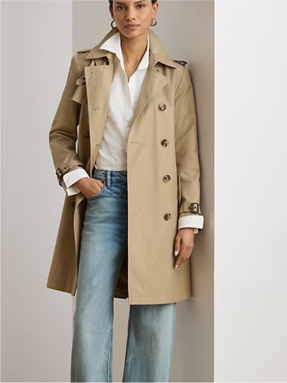 Lauren Ralph Lauren Double-Breasted Cotton-Blend Trench Coat, Sand, S - Picture 16 of 16
